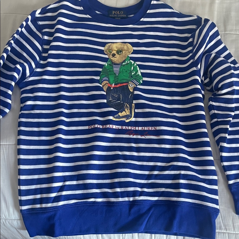 Polo by Ralph Lauren Blue & White Striped Bear Crewneck Sweatshirt